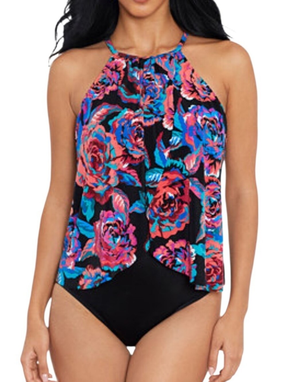 NWT Magicsuit Floral Halter Flounce Swimsuit in Black with Multicolor Roses